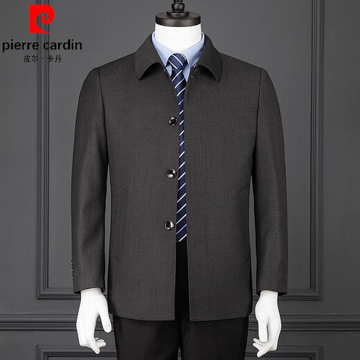 皮尔卡丹（pierre cardin）羊毛外套男春秋季高级品牌商务休闲中年男士单排扣西装领夹克外套 深灰 2XL