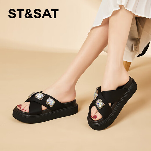 Saturday (St/Sat) mid-heel sandals for women 2024 summer new fish mouth rhinestone sandals fashionable and versatile one-slip flops for women black 35
