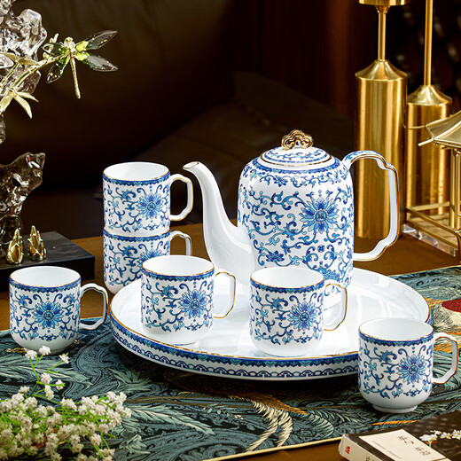 Hanming Jingdezhen Enamel high-end tea set complete living room household ceramic kettle and cup set moving to new home gift with tea and water separation 8-piece set | gift box