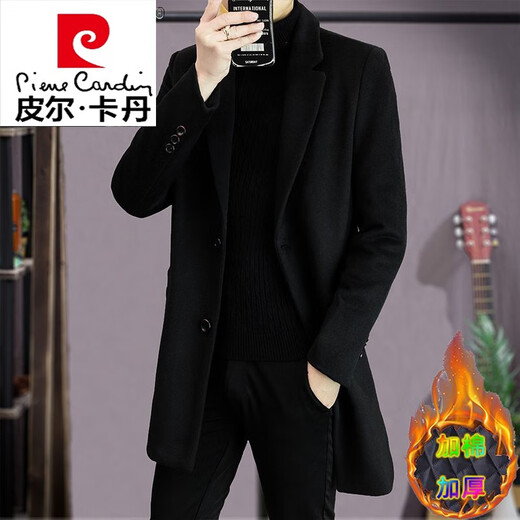 皮尔卡丹（pierre cardin）风衣男中长款韩版修身秋冬季加厚羊毛呢子大衣男士呢子外套针织 82黑色 2XL 145-160斤