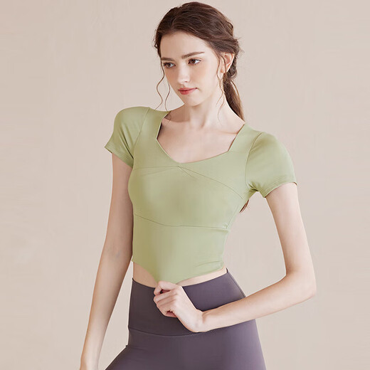 Huian yoga wear women's sports short-sleeved sportswear T-shirt tight quick-drying top fitness running with chest pad splicing green M