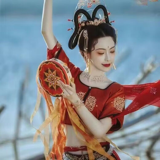 音念敦煌飞天手鼓古风道具铃鼓汉服儿童手持拍照鼓飘带鼓唐鼓舞蹈乐器 炫彩敦煌飞鼓鼓手款二(8寸)