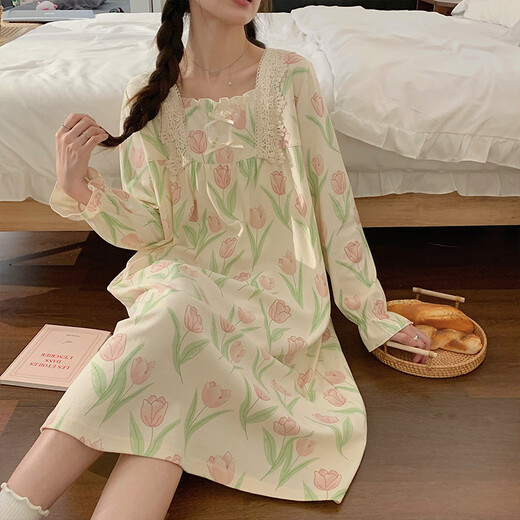 浪莎（LangSha）睡裙女士春秋夏季新款套头长袖睡衣可爱卡通中长款可外穿家居服 Q16853 L