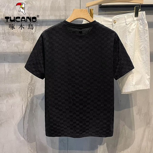 啄木鸟轻奢冰丝短袖夏季t恤男装圆领宽松2024新款男士半袖上衣服潮牌 黑色 XL 约130-150斤