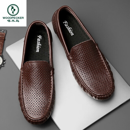 
Woodpecker Beanie Shoes Men's Summer Soft-Skin Hollow Breathable British Style Business Casual Ice Leather Shoes Soft-Soled Driving Lazy Shoes 9901 (Breathable) Brown 39 [Standard Leather Shoe Size]