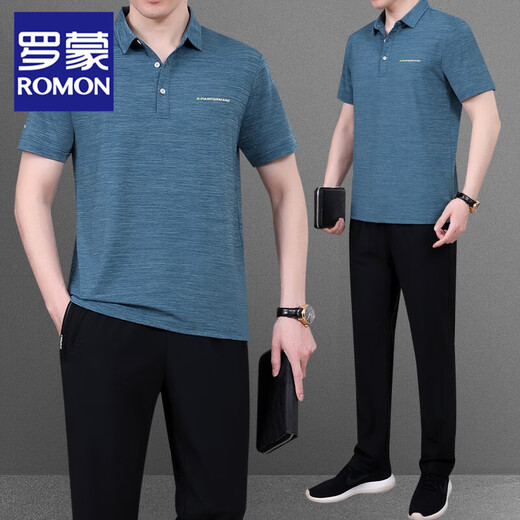 
ROMON Daddy Summer Short Sleeve T-shirt Men's Middle-aged and Elderly Sports Set Men's Loose Casual Clothes Ice Silk Two-Piece Set Thin 963 Bean Green [Short Sleeve + Shorts] L (Suggested 100-120 Jin [Jin equals 0.5 kg])