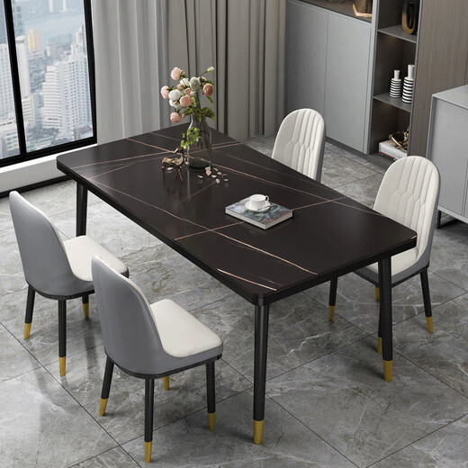 虞萌馨迪岩板餐桌家用小户型现代简约轻奢吃饭桌子长方形大理石餐桌椅组合 雪山白12140*80餐桌+六椅