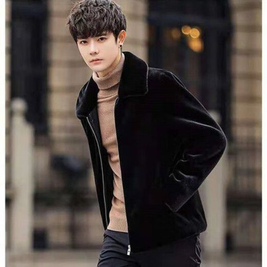 Manxinan new mink coat men's imitation mink hair Haining winter leather coat mink fur short hooded coat black lapel plus cotton 5XL recommended 180 to 200Jin Jin equals 0.5 kg
