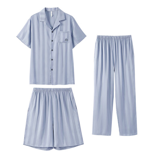 Anzhiban Couple Pajamas Spring and Autumn Cool icy silk 3-piece set Casual loose solid color men's and women's home wear set Butterfly Pea Blue-Male XL