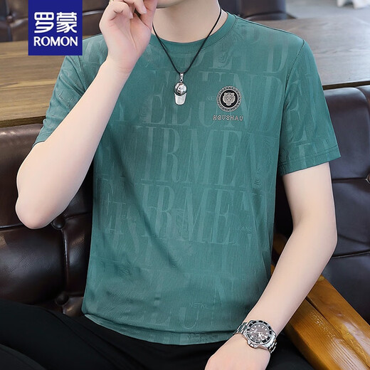 ROMON (ROMON) 2025 summer new men's ice silk short-sleeved T-shirt trendy men's half-sleeved T-shirt dark pattern jacquard men's quick-dry top 699 white L 115130Jin [Jin equals 0.5 kg]