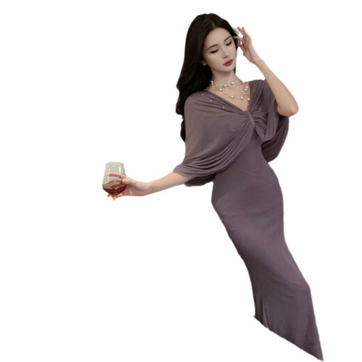 艾莫克感紫色抹胸连衣裙御姐气质设计感假两件包臀裙旅游酒会穿搭 紫色 S