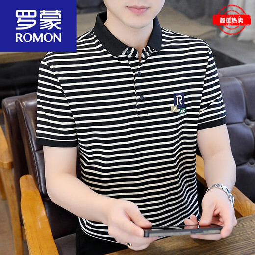 罗蒙（ROMON）polo.衫男士翻领短袖t恤条纹夏季2025新款男装半袖体恤T 黑色ZMNTB653圆*领 3XL 建议150-165斤