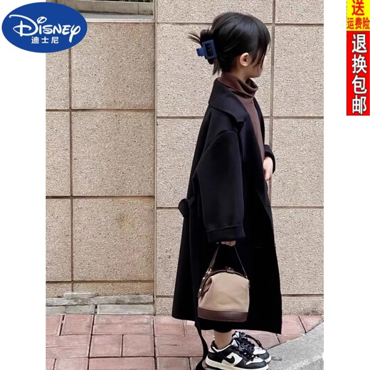 Disney (Disney) 2024 Herbst und Winter Neue Mädchen Wollmantel mit mittlerer Wolle mit Wollmantel mit mittlerer Länge verdickter, vielseitiger Neujahrs-Mantel-Trend schwarz [Modell] 150 empfohlen, weniger als 152 cm zu sein