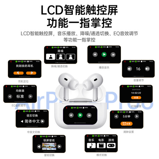 Microkia [Huaqiangbei Pro6 Top-End Version Ultra] Apple Bluetooth-гарнитура беспроводной с экраном Air Active Superment Crement, подходящим для iPhone15/14/13/12 вкладыша iOS пятого поколения. Оригинальное полное обновление функции [Новое в июле] Smart Touch Screen + Space Audio Centroly + позиционирование и переименование