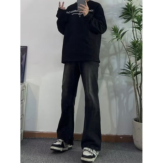 7 high-quality American high street pure black slim jeans men's handsome high-end and versatile straight-flare pants vibe pants DFFS-719 black S