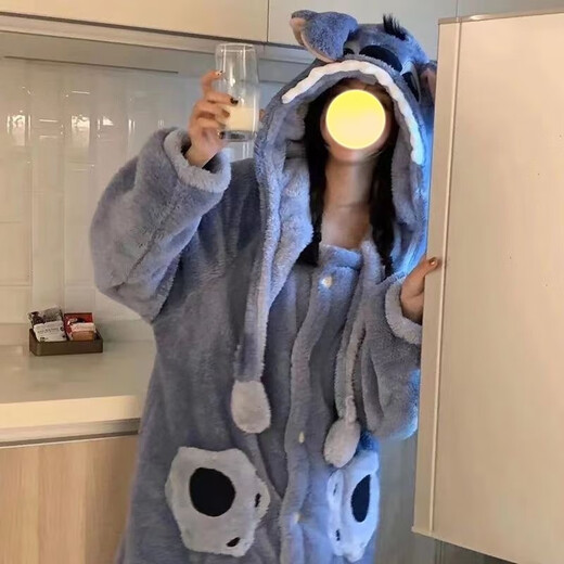 Yi Shuhan Pajamas Couple Outfits One Male and One Female Stitch Cartoon Internet Celebrity Winter Coral Velvet Long Pajamas Home Clothes Set Blue Stitch Pajamas + Pants M 100-130Jin Jin equals 0.5 kg