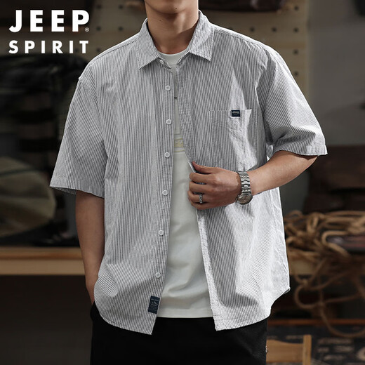 JEEP SPIRIT Jeep striped short-sleeved shirt men's summer American retro loose casual cotton shirt gray 2XL