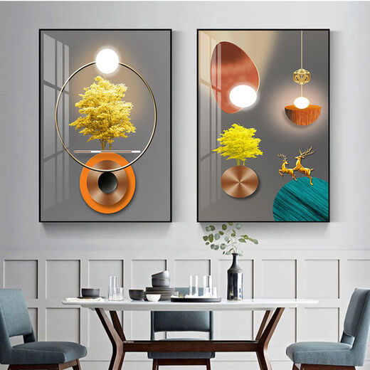 Lingtong Restaurant Decorative Painting Modern Simple Restaurant Dining Room Wall Hanging Painting High-end Light Luxury Abstract Background Wall Two-Link Mural 3 Golden Deer Nafu 40*60 Crystal Porcelain