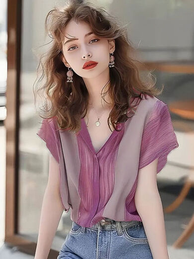 VDVFL女士上衣2024新款女夏洋气一点的法式紫色紫罗兰条纹拼接v领短袖 紫色 3892 XL