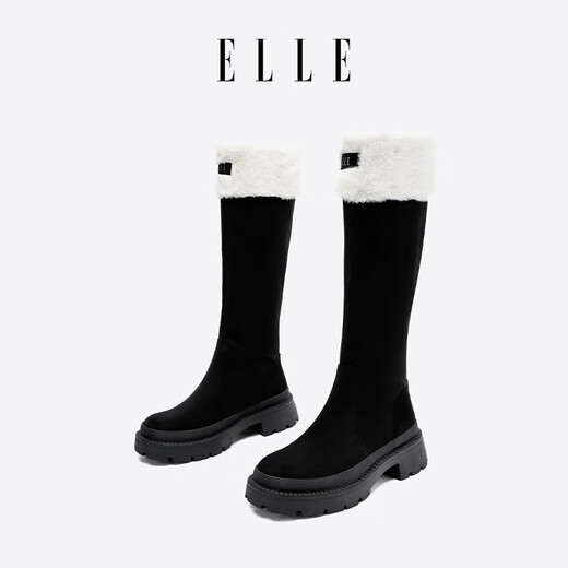 ELLE长靴女靴新款加绒加厚靴子女拼接磨砂长筒靴女两穿雪地靴 黑色 跟高4CM 35 (225mm) 标准码