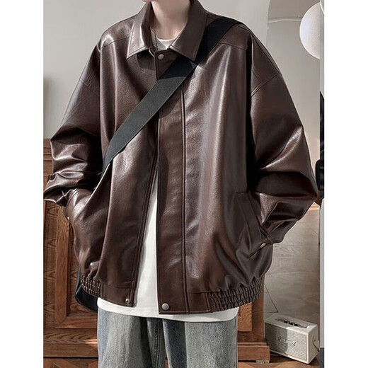 
Digada black pu leather jacket men's autumn and winter American retro pussy motorcycle style leather jacket men's trendy brand versatile top WJS-W9274 black XL