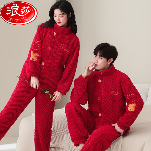 浪莎（LangSha）秋冬季结婚情侣睡衣红色珊瑚绒加厚加绒男女士新婚婚庆家居服套装 9716+图案+囍气洋洋 加 厚加绒 L 男款：  建议100-130斤