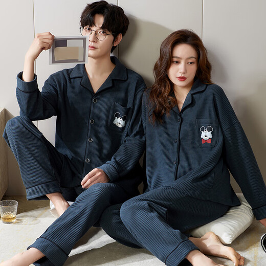 Clolv Kissck Sports Couple de pyjamas printemps et automne un homme et une femme Waffle à deux pièces peuvent être portés à l'extérieur de la maison QH-9855 # [Waffle] Suisse de revers m Femme + mâle L L