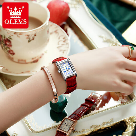 Olishi new versatile fashion women's watch quartz Roman retro belt waterproof goddess birthday gift box watch 6625 women-red leather rose white