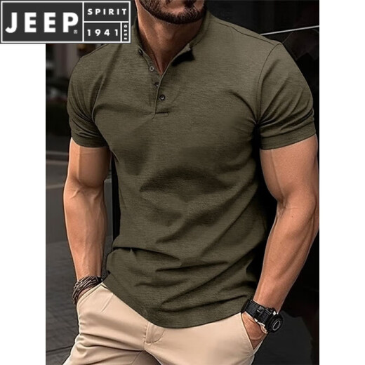 JEEP SPIRIT men's short-sleeved T-shirt simple slim cotton solid color trendy green Henry collar summer T-shirt casual men's clothing black 4 buttons XL
