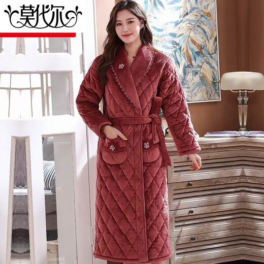 
Modal coral velvet nightgown for women in autumn and winter, thick three-layer cotton super thick pajamas for women with velvet bathrobe long CH9221 bean paste L