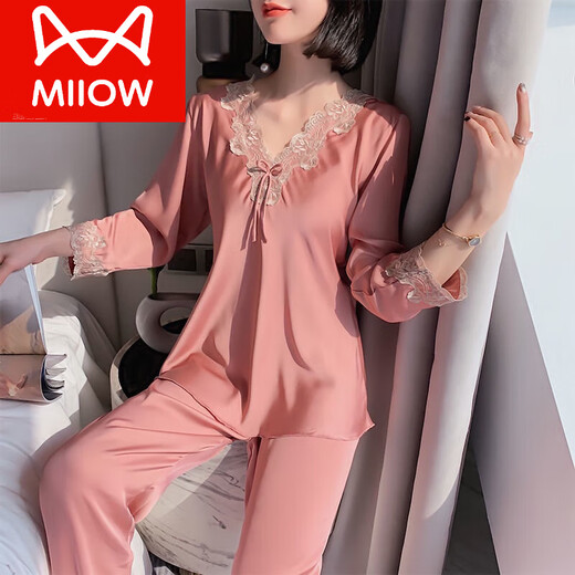 猫人（MiiOW）高档真丝睡衣女两件套桑蚕丝绸2024年新款家居服套装春夏薄款妈妈 长 袖9856中粉套 M 【70-100斤】