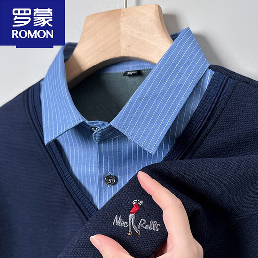 罗蒙（ROMON）保暖衬衫领男士加绒加厚毛衣2023新款中青年假两件针织衫秋冬款 681藏青加 绒 XL