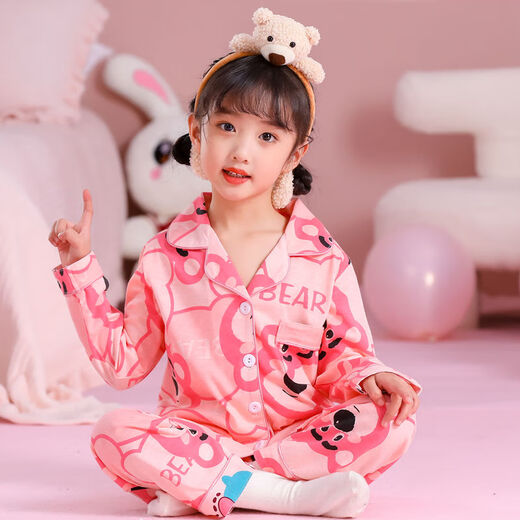 Wei Jie Stand Collar Pajamas de manga larga Versión coreana para niños Pajamas para niños Spring y otoño de manga larga Summer Girl Princess 6629-strawberry Bear [Algodón] 100/6 Tamaño [Altura 90-100]