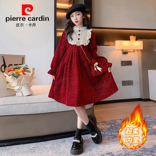 Pierre Cardin Girls' Autumn and Winter Velvet Dress 2025 New Big Children's Winter Thickened Bright Silk New Year's Dress Princess Dress Velvet Skirt Red 150 cm