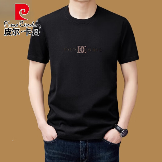 皮尔卡丹（pierre cardin）圆领短袖t恤男纯棉休闲重磅夏季中年半袖体恤感上衣服针织 军绿YS9926有胸标 165/M(100斤-120斤)