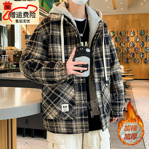 佐径（ZUOJING）男生秋冬加棉加厚小香风格子外套港风学生保暖棉服男 9923红格 2XL