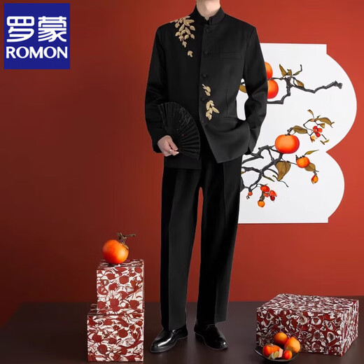 ROMON Haute Couture New Chinese Style Groom's Suit Heavy Industry Handmade Beaded Chinese Style Stand Collar Suit Improved Chinese Tuan Suit Tang Suit Black (Single Suit) 2XL