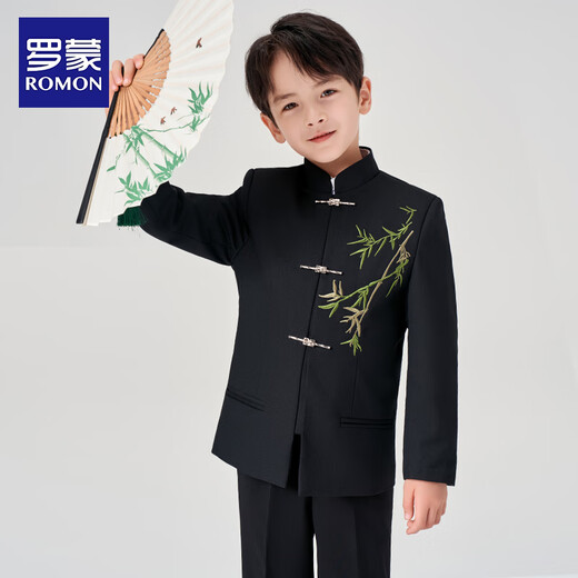 Luo Meng children's Chinese style suit suit boy tunic suit host speech suit new Chinese style performance suit black 170