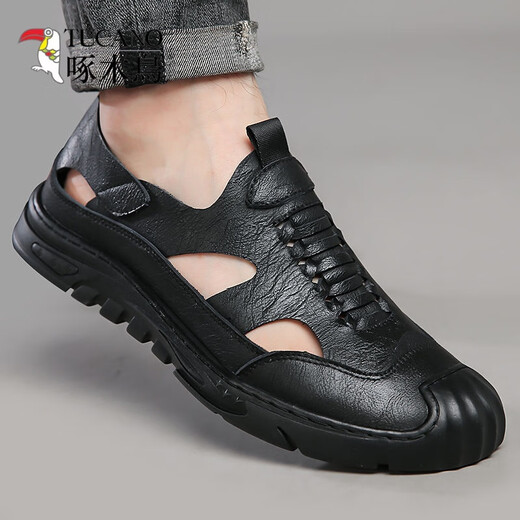 Specht echtes Leder -Kauflätschpferder erhöhte Lochschuhe für Männer Sommer neue 2024 Sandalen für Männer atmungsaktive hohle Männer lässig Innere 6629 Khaki/Innere erhöht 41