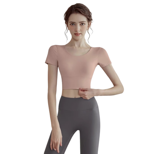 Youyou Yoga Wear Women's New Style Sports Fitness Pilates Training Wear Tops with Breast Pads, Short Sleeves, High-end Set, Black Short Sleeves, Fixed Cup + Gray Purple Pants M