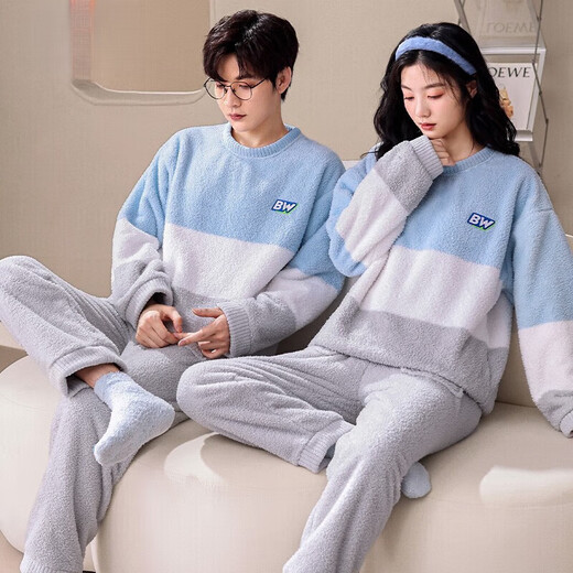 clolv kiss珊瑚绒情侣家居服秋冬款圆领加绒加厚睡衣女冬季法兰绒可外穿套装 6630 男L