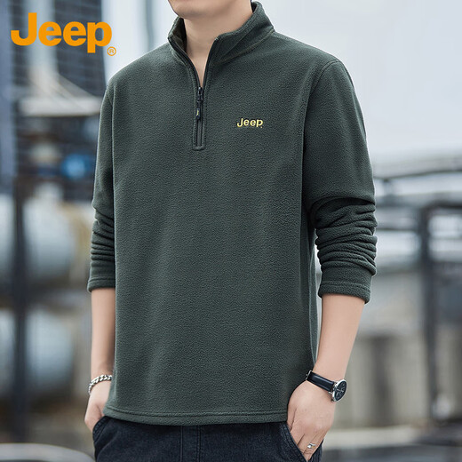 JEEP Jeep sweatshirt men's autumn and winter loose long-sleeved T-shirt polar fleece thickened casual clothes men's military green 2XL