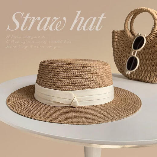 Mingyuegui 2025 Neues französisches flacher Strohhut Women's Big Head Zaun Beach Top Hut Stricker Sonnenschutz Hut Schwarzer Quadratgürtel [56-58 cm]