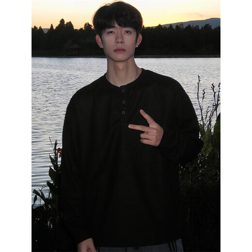 Katuchi American waffle Henry collar long-sleeved T-shirt men's spring and autumn loose trend ins high street heavy inner layering shirt gray XL