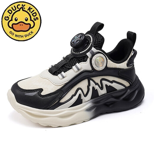 G.DuckKids Petites chaussures de garçons de canard jaune printemps et automne 2024 Nouveau produit bouton rotatif Mesh Breaks pour enfants respirant les baskets de la big et blanc 679 (surface du cuir) taille 40 taille 25,6 cm