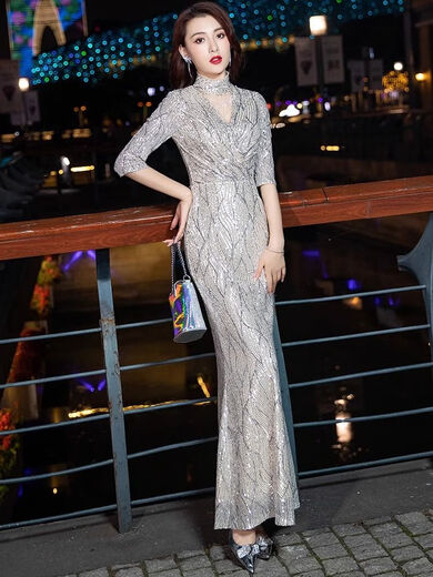 Lingka Qi Banquet Evening Dress Women's Sequin Annual Meeting Evening Dress Women's Light Luxury Niche High-end Temperament Celebrity Banquet Fishtail High-End Gray Sequin Halter Neck Long Style L