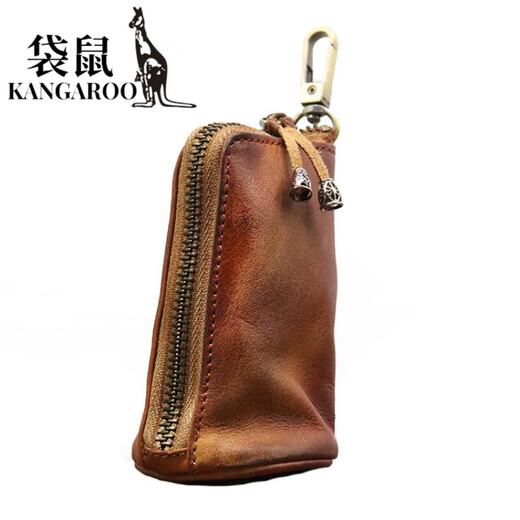 袋鼠（KANGAROO）新款头层牛皮植鞣皮复古做旧钥匙包男士大容量腰挂做旧牛皮钥匙包 咖色