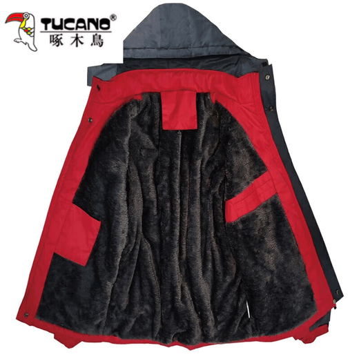 Woodpecker hooded cotton coat men's autumn and winter thickened velvet and cold-proof work protective clothing outdoor jackets red velvet warm XL recommended 105-135Jin Jin equals 0.5 kg