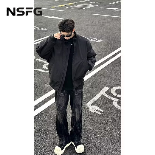 NSFG American bomber jacket autumn men's bomber winter shoulder workwear short cotton thickened baseball uniform black cotton style XL (145-165Jin Jin equals 0.5kg)