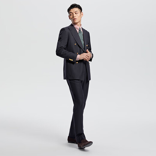By Creations柏品法兰绒纯羊毛单西服男士布雷泽商务正装金属双排扣西装外套 黑色 48 (175/92A)